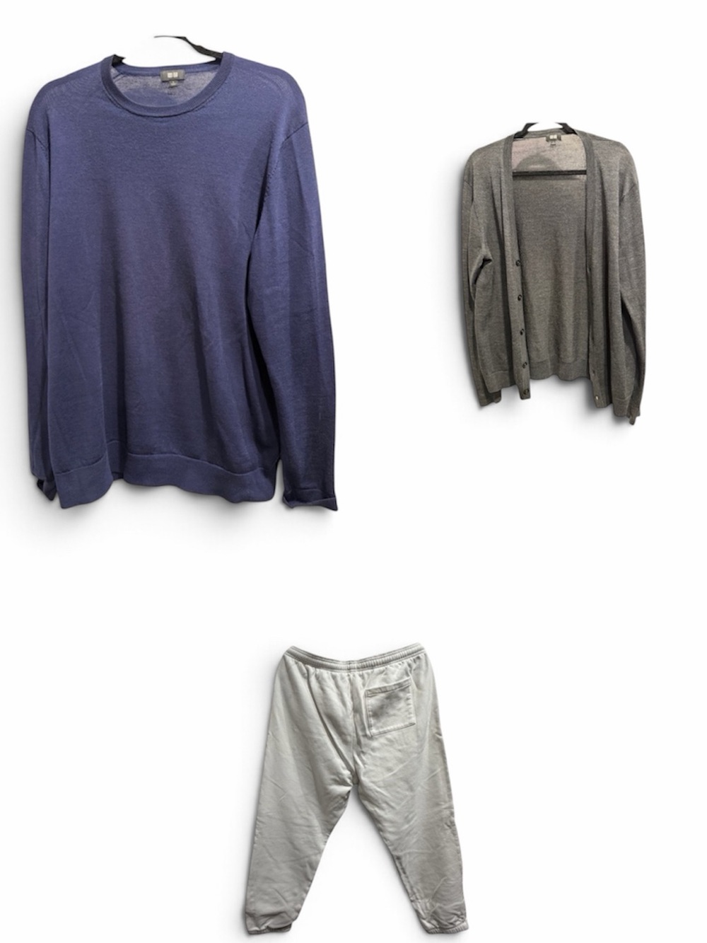Uniqlo Large Blue Wool Sweater, Gray Cardigan & Gap Sweatpants Bundle